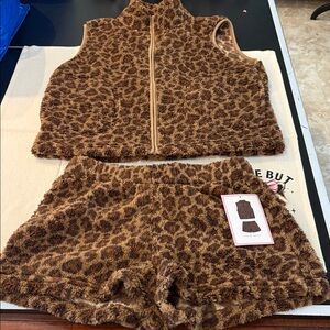 RUBY JEWELED FUZZY VEST AND MATCHING SHORTS IN LEOPARD